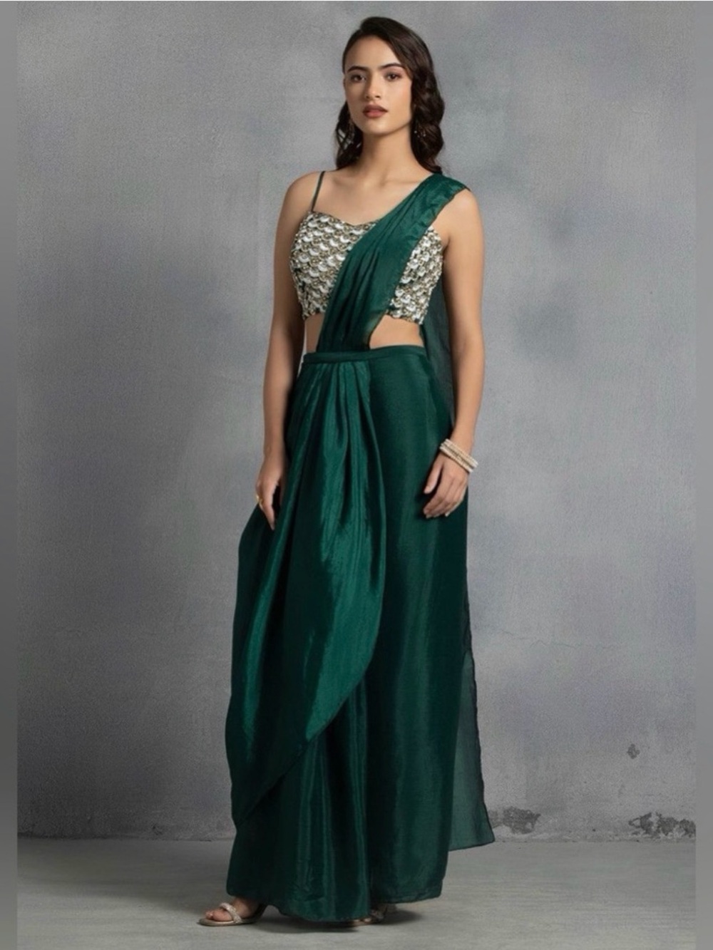 Emerald Green One-Shoulder Draped Maxi Dress with Embellished Bodice